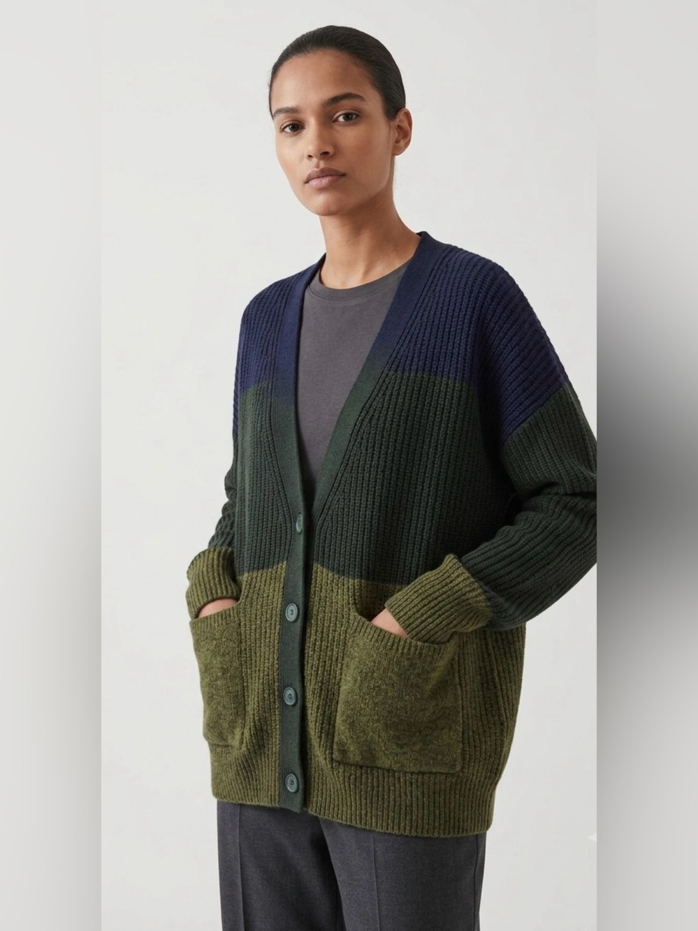 COS Colorblock Wool-Mohair Oversized Cardigan | Ribbed  v neck Sweater